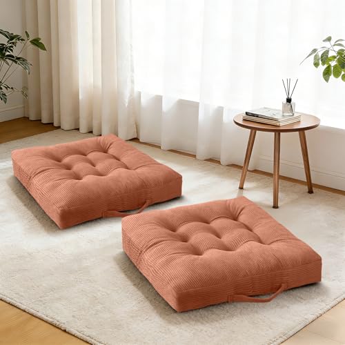 Pink Floor Cushion Tufted Corduroy Chair Pads for Tatami | Set of 2 Floor Sitting Cushions, Meditation Pillows with Handle for TLiving Room Kitchen Seats, 18x18 Inch - color: Pink