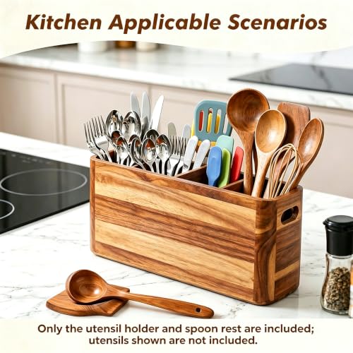 Kitchen Utensil Holder for Counter or Countertop, Extra Large Acacia Wood Organizer with 4 Compartments, Wooden Utensil Holder for Cooking and Silverware, Rustic Wood Container Sturdy Utensil Crock