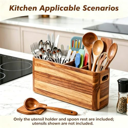 Kitchen Utensil Holder for Counter or Countertop, Extra Large Acacia Wood Organizer with 4 Compartments, Wooden Utensil Holder for Cooking and Silverware, Rustic Wood Container Sturdy Utensil Crock