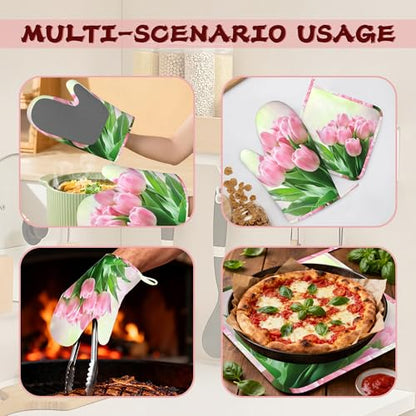 Pink Tulips Romantic Silicone Oven Mitts and Pot Holders,Heat-Resistant 4 Piece Kitchen Set Non-Slip Oven Gloves and Hot Pads for Cooking, Baking, Grilling,BBQ - color: Pink Tulips Romantic