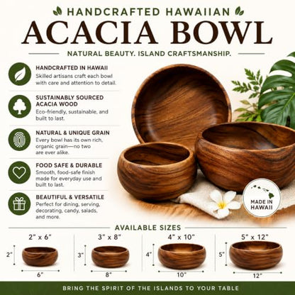 Handcrafted Hawaiian Wood Serving Bowl – Organic Acacia Natural Wooden Salad, Soup, Decor, Fruit & Candy Bowl (X-Large 5x12 inch) - size: Extra Large