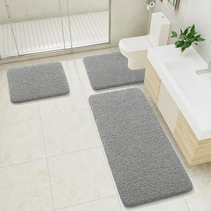 LOCHAS Bathroom Rugs Sets 3 Piece, Long Bath Mat Set Non Slip, Grey | Washable Absorbent Toilet Rug, Shaggy Soft Cozy Quick Dry - color: Grey, size: 48" x 20" + 24" x 17" + U Shape 24" x 20"