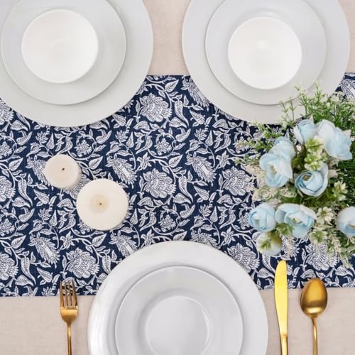 100% Cotton Table Runner 72x13 Inch, Reversible Printed Table Runner, Durable & Elegant for Dining Table, Wedding, Restaurant, Oeko-TEX Certified - Blue - color: Floral Printed Blue