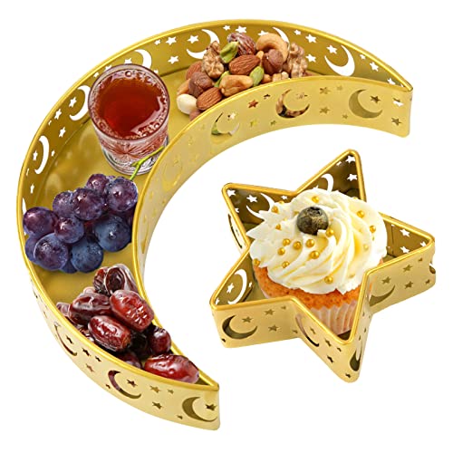 2PCS Ramadan Serving Trays Decorations for Home - Moon Star Shaped Eid Mubarak Table Decor Gifts, Islam Muslim Al-Fitr Iftar Party Crescent Iron Platters Dishes(Moon/Star Pattern) - style: Moon Star