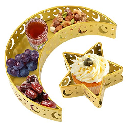 2PCS Ramadan Serving Trays Decorations for Home - Moon Star Shaped Eid Mubarak Table Decor Gifts, Islam Muslim Al-Fitr Iftar Party Crescent Iron Platters Dishes(Moon/Star Pattern) - style: Moon Star