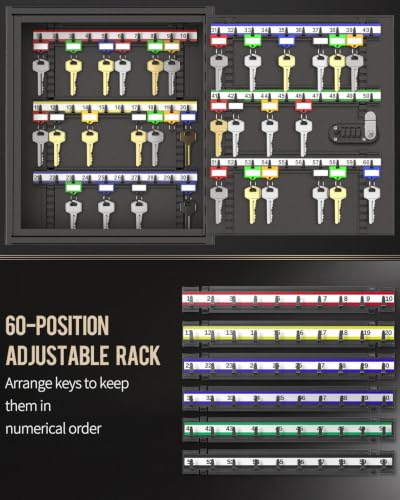Uniclife 60 Position Steel Key Cabinet with Combination & Key Lock, Black | Wall mount key box, resettable 4-digit code lock, 2 backup keys, thickened steel, large capacity, adjustable racks & labels - color: Black, size: 60 Keys