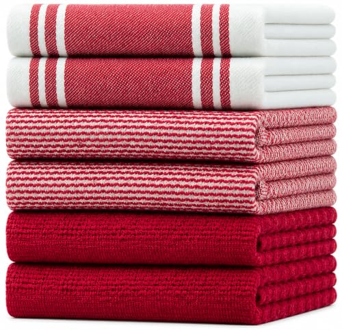 Premium Kitchen Towels 6 Pack 100% Cotton 20"x28" Dish Towels - Red Wide | Large Flat & Terry Kitchen Linen Set with Hanging Loops, Highly Absorbent for Washing and Drying Dishes - color: Red Wide Stripe, size: Kitchen Towels - Mixed Styles