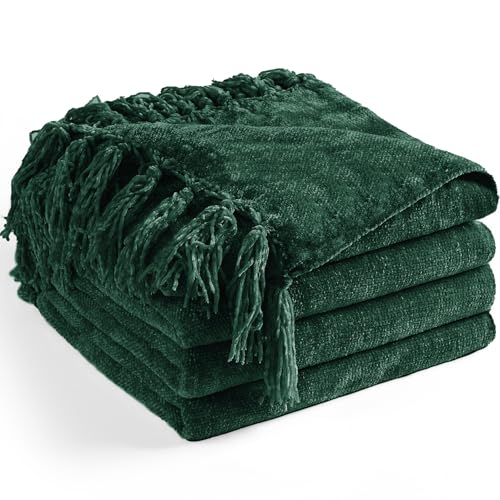 Chenille Throw Blanket for Couch 50" x 60", Dark Green | Soft Cozy Throws with Fringe Tassel, for Living Room Bed Sofa Chair Cover, Lightweight Knitted Boho Blankets Christmas Decor - color: Dark Green, size: 50x60 inch