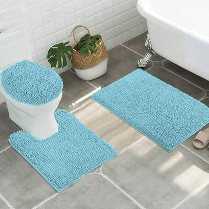 Standard 3pc Set Chenille Bath Mats, Includes 21"x24" U-Shaped Contour Toilet Rug, 21"x34" Inches Bathmat and 1 Toilet Lid Cover, Plush Absorbent Bath Mats Quick Dry, Spa Blue - color: Spa Blue, size: 24"x21", 34"x21" and TLC (Set)