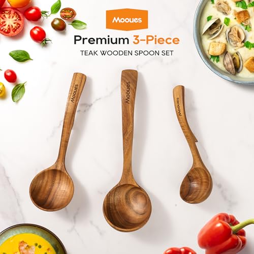 Wooden Ladle for Soup, 3 Size Teak Wood Ladle Spoon with Back Hooks, Heat Resistant Wooden Spoons for Cooking, Non-Stick, Comfortable Grip, Wood Kitchen Utensils Set for Serving, Stirring - size: 3 PCS Set