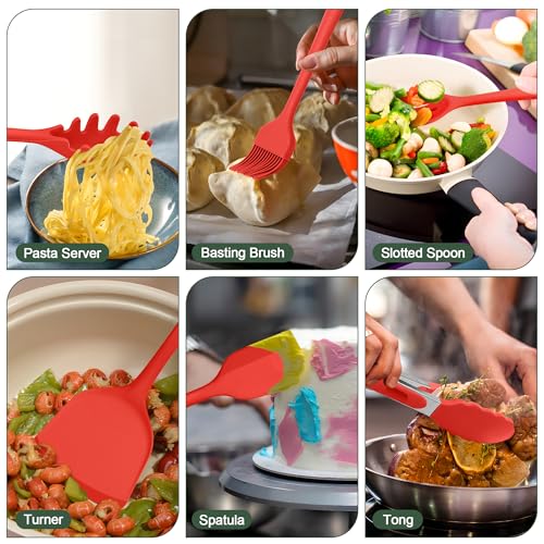 E-far Silicone Cooking Utensils Set, 25 Piece Kitchen Utensils with Holder, Non Toxic Kitchen Tools Spatula, Turner, Spoon, Ladle for Nonstick Cookware, Heat Resistant & Dishwasher Safe - Red - color: Red