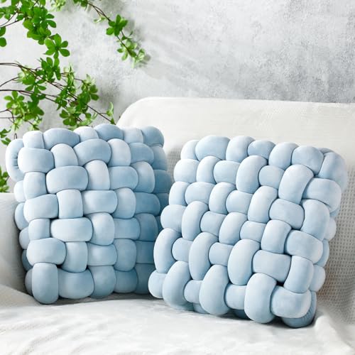 Wenqik 2 Pcs Knot Pillows Square Knotted Plush Throws Soft Accent Pillows Decoration Cushion for Couch Home Office Living Room Bedroom Bed Sofa Decor, 12'' x 13''(Ice Blue,Crystal Velvet) - color: Ice Blue