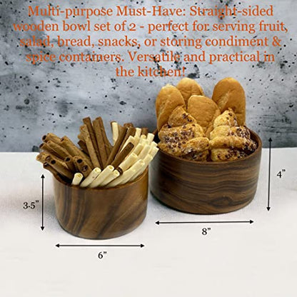 Acacia Wood Bowl Set of 2, Artisan Hand-Turned Cylindrical, 8" & 6" Bowls | Solid joint-free acacia wood bowls with continuous grain, handcarved for salad, fruit, bread, serving food 8 x 4 & 6 x 3.5 in