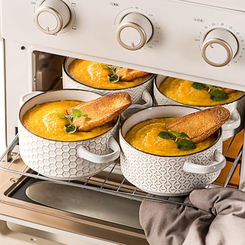 Ceramic Soup Bowls Set - 27 Oz French Onion Soup Crocks with Handles | Embossed Stoneware Bowls for Soup Chili Beef Stew-Microwave Dishwasher Oven Safe-Set of 4 Leaf Pattern - color: white-leaf