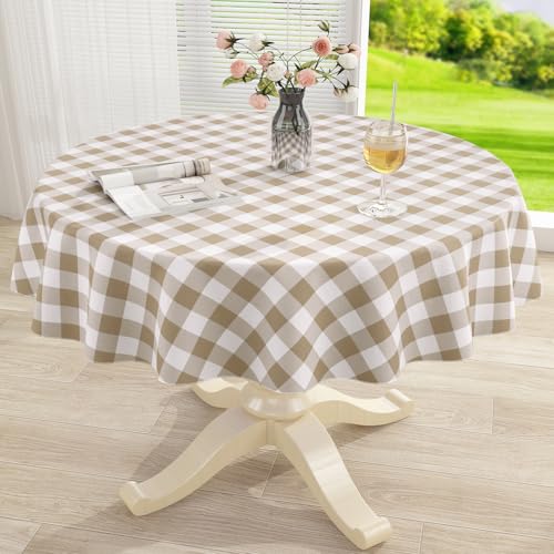 Round Waterproof Vinyl Table Cloth, Buffalo Flannel Backed Tablecloth, Wipeable Plastic Table Cover for Dinner, Kitchen, Picnic (60", Khaki and White) - color: Khaki and White, size: 60" (Round)