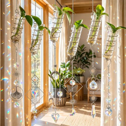 6Pcs Wall Hanging Glass Propagation Station with Crystal Planter Suncatcher | Hanging Propagation Vases for Wall Indoor Plants Hydroponics Mini Test Tube Flower Vase with Metal Chain for Home Decor - color: Silver-2
