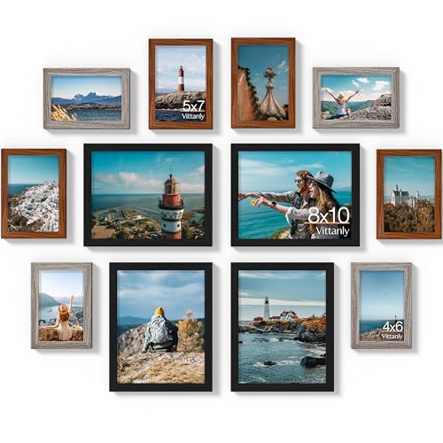 Vittanly 12 Pack Gallery Wall Frame Set, Black, Walnut Brown, Dark Grey | Gallery Wall Frame Set: 4pcs 8x10, 4pcs 5x7 & 4pcs 4x6 Photos for Wall & Table, Picture Frames made of Engineered Wood - color: Black & Walnut Brown & Dark Grey