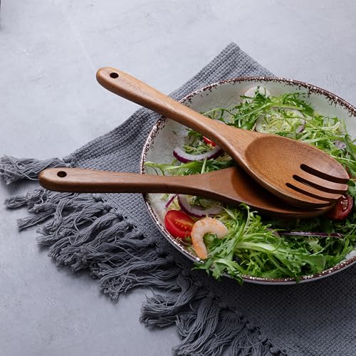 2 pcs Wooden Spoons for Cooking, 10.5 Inch wooden Salad servers of ladle and Fork Set, Acacia Wood Salads Kitchen Serving Utensils Set for Tossing, Mixing and Cooking - color: Acacia Wood