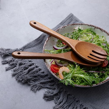 2 pcs Wooden Spoons for Cooking, 10.5 Inch wooden Salad servers of ladle and Fork Set, Acacia Wood Salads Kitchen Serving Utensils Set for Tossing, Mixing and Cooking - color: Acacia Wood
