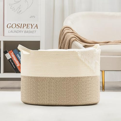 XXXLarge Woven Cotton Rope Basket (21.7" x 13.8") 90L – Blanket Basket for Living Room, Laundry Hamper, Baby Laundry Hamper, Toy Storage, Pillows & Cushions Organizer (Brown) - color: Brown