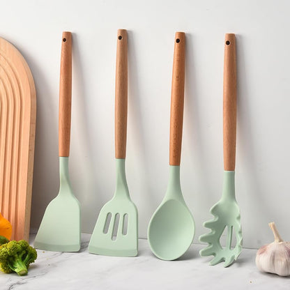 Caboh Silicone Kitchen Utensil Set 12 PCS – Heat Resistant Cooking Tools with Spatula, Serving Spoon, Tongs, Whisk & Holder, Nonstick Safe BPA-Free Kitchen Accessories Set (Light Green) - color: Light Green