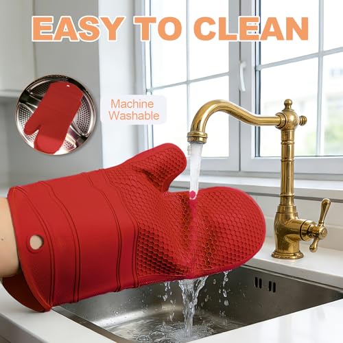 YUTAT Silicone Oven Mitts,Heat Resistant 2PCS Oven Mitts with Soft Polyester Filling,Kitchen Potholder Set - Perfect for BBQ, Baking and Cooking,RED,2 Pcs Set - color: Red-honeycomb Surface, size: 13“L x 7"W-2 Piece