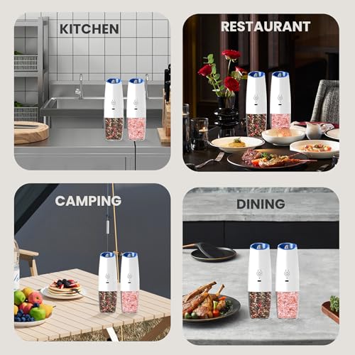 Rechargeable Gravity Salt Pepper Grinder Set, 2 Pack (White) | Gravity Rechargeable Grinder With Led Light & Adjustable Coarseness, No Extra Batteries Needed For Kitchen Seasoning - color: Rechargeable/2pcs/White