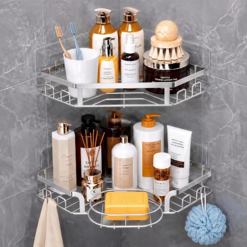 Corner Shower Caddy, Rustproof Shower Organizer with Soap Holder and 8 Hooks, No Drilling Adhesive Shower Shelves for Inside Shower, Large Capacity Shower Rack for Bathroom Shower Storage, Sliver - color: Sliver, size: Large