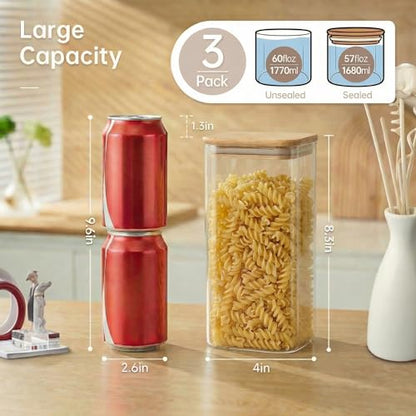 57 oz Square Glass Food Storage Containers with Airtight Bamboo Lids, 3Pack | Pantry Jars for Flour, Sugar, Pasta & Spices, 3mm Borosilicate Glass Canisters Keep Food Dry & Fresh, Easy to Fill & Clean - color: 57oz 3 Pack