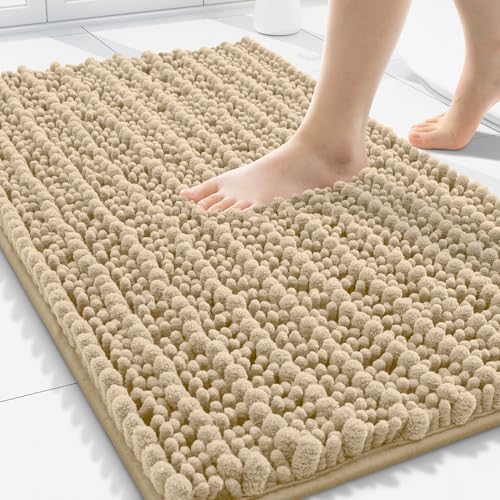 Smiry Bathroom Rugs 30X20, Extra Soft Rubber Backing Chenille Bath Mats | Beige Machine Washable Non Slip Quick Dry Bath Mats for Bathroom Floor, Tub, Shower, Home Decor Accessories - color: Beige, size: 30'' X 20''