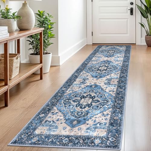 SIILOOM 2x8 Washable Runner Rug, Non Slip Soft Area Rug for Hallway Kitchen | Boho Vintage Spill & Stain Resistant Low Pile Carpet for Entryway Office Laundry Bedroom, Easy Clean - color: Blue, size: 2' x 8' (Runner)