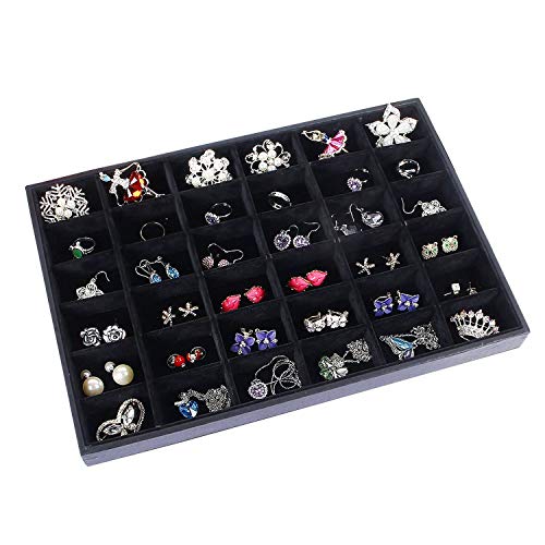 Black Velvet Stackable 36 Compartments Jewelry Tray Showcase Display Holder | Organizer Rectangle Storage Box Case Containers Chest for Women Gemstone Pendant Key Marble Crystal Stone Accessory Diamond - color: Black 36 Grid