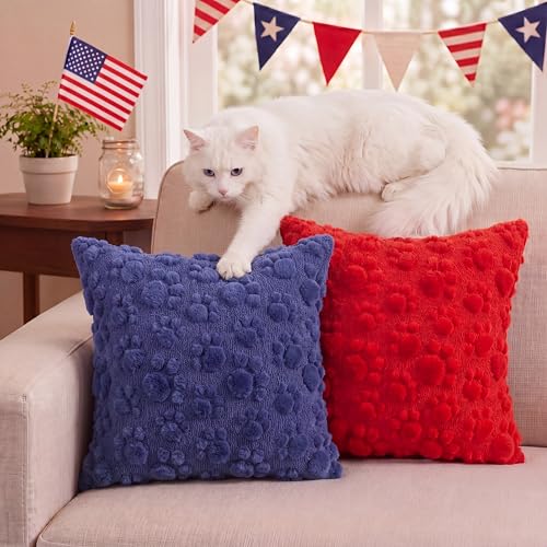 Tiamon 4 Pcs Patriotic 4th of July Throw Pillow Covers 18 x 18 Inch Pet Paw Prints Plush 3D Embroidered Pillow Cases Red Blue Pet Dog Cat Paw Cushion Covers for Independence Day Decor Sofa Bed - style: Paw Print
