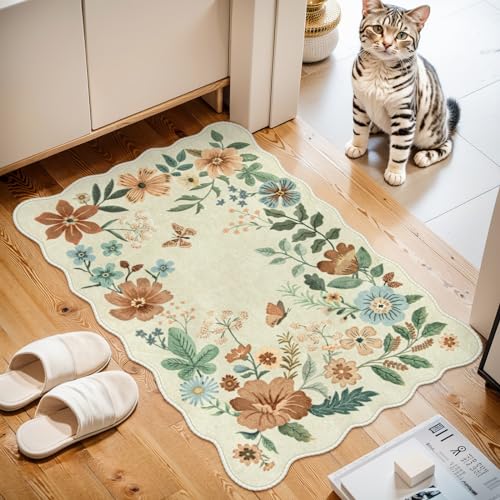 Lahome Floral Small Rug, 2X3 Kitchen Rugs Non Slip Washable Rug Ultra-Thin | Soft Front Door Mat Indoor Entrance Boho Low-Pile Entry Carpet for Bathroom Bedroom Flore (2x3ft, Beige) - color: Beige, size: 2' x 3'(Rectangular)