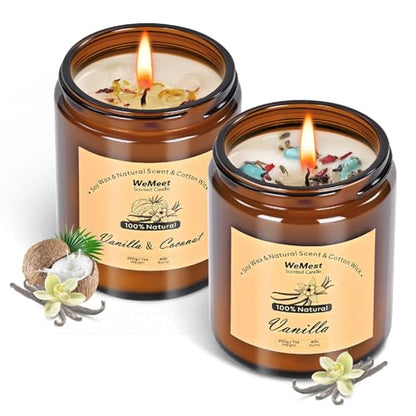 WEMEET Candles for Home Scented 2 Pack, Vanilla Scented Candle with Dried Flowers, Coconut Vanilla Soy Candles with Crystals, Candle Set for Creating a Relaxing Ambiance - color: Vanilla Candle(2 Pack)
