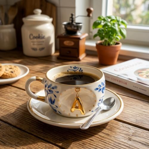 Personalized Handmade Porcelain Coffee Tea Mug With Letter, Custom Initial Mug Gift For Tea Coffee Lover With Saucer Text