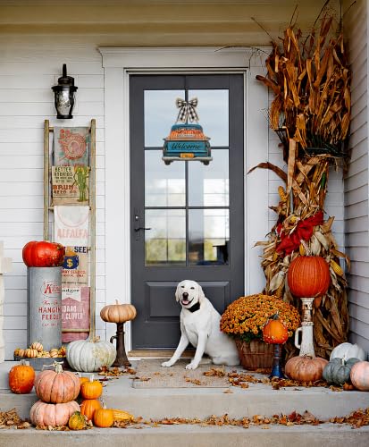 Interchangeable Welcome Sign for Front Door Blue Farmhouse Truck Decor Hanging Sign with 11 Interchangeable Seasonal and Holiday Decor Signs 12x14 in. (Blue Farmhouse Truck) - style: Farmhouse