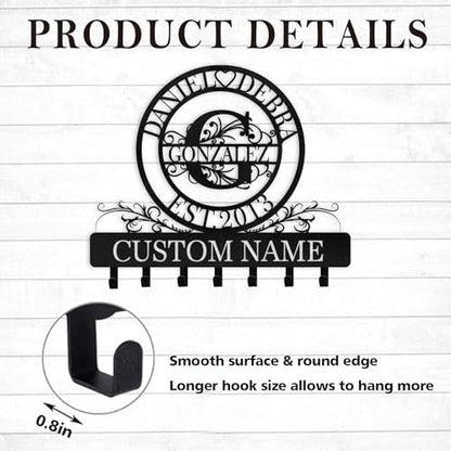 Personalized Key Holder, Family Names & Initial Key Holder Wall Mount | Custom Key Rack Holder for Wall, Metal Key Hooks Monogram Design, Key Hanger for Hallway Bedroom, Anniversary Couple Gift - color: 09 Monogram