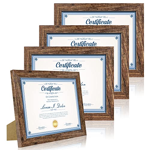 Hongkee 8.5 x 11 Picture Frame Set of 4, Made of Real Glass and Brown Certificate & Diploma Frame, 8.5 by 11 Photo for Wall or Tabletop - Display Picture 6x8 with Mat or 8.5x11 Without Mat - color: Rustic Brown, size: 8.5x11 in