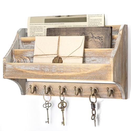 Rebee Vision Mail Organizer Wall Mounted with 6 Hooks for Office, Natural | Pine Wood, Key Holder for Wall, 3-Tier Mail Holder, key Hanger, Wall Organizer, Storage Office Paper, Apartment Aesthetic - color: Natural