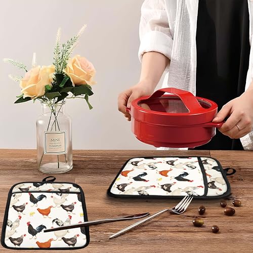 Farmhouse Chicken Pot Holders with Pockets, Farm Rooster Hen Chick Oven Pot Holders Heat Resistant Oven Mitts Hot Pads for Kitchen Baking Cooking