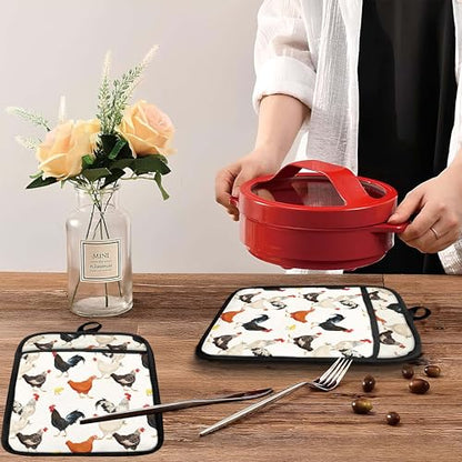 Farmhouse Chicken Pot Holders with Pockets, Farm Rooster Hen Chick Oven Pot Holders Heat Resistant Oven Mitts Hot Pads for Kitchen Baking Cooking