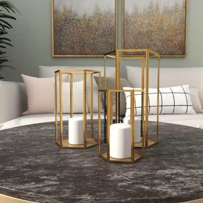 CosmoLiving by Cosmopolitan Glass Decorative Candle Lantern with Metal Plate, Set of 3 6", 8", 10"H, Gold - size: 3 PIECES SMALL SIZE