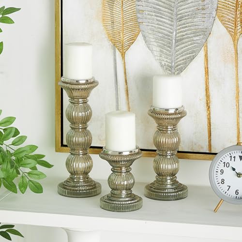 Deco 79 Glass Handmade Decorative Candle Holder Turned Style Pillar Candle Stand, Set of 3 Candlestick Holder 6", 9", 12"H, Gray
