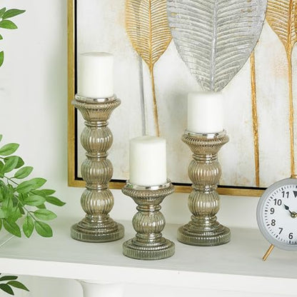 Deco 79 Glass Handmade Decorative Candle Holder Turned Style Pillar Candle Stand, Set of 3 Candlestick Holder 6", 9", 12"H, Gray