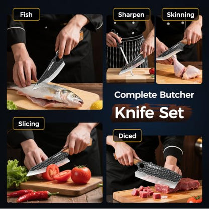 5PCS Butcher Knife Set, Hand Forged Kitchen Chef Knife Set Gift | Meat Cleaver Knife Viking Boning Knife for Home, Outdoor Camping, BBQ, High Carbon Steel Japanese Knives, Gift for Men Father - size: 6.8"