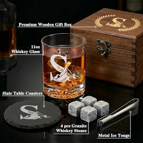 Personalized Whiskey Glass Gift Set for Men – Monogrammed Initial Rocks Glass with Slate Coaster, Wooden Box & Whiskey Stones, Birthday Father's Day for Him Dad Husband (S)