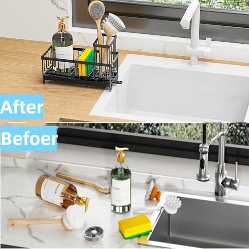Sponge Holder for Kitchen Sink - Sink Caddy with Brush Holder Auto Draining Sponge Caddy Organizer with Divider Stainless Steel Kitchen Accessories Storage for Countertop