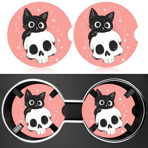 2 Pack Car Cup Holder Coaster, 2.63 inch Anti Slip Insert Absorbent Ceramic Car Coaster with Cork Base and Finger Notch, Cute Car Accessories Interior for Women, Cute Car Coasters. - color: Black Cat Skull
