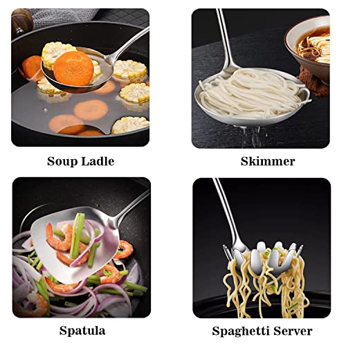 Stainless Steel Kitchen Cooking Utensils Set 6 PCS Dishwasher Safe | Food-grade 304, All Metal, 12-13.6", Wok Spatula, Ladle, Skimmer, Slotted Spatula Turner, Spaghetti Spoon, Large Spoon - color: Natural 6